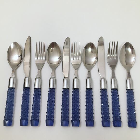 Lot of 10 Lucite Acrylic Plastic Handle Flatware Blue Faceted Diamond - Picture 1 of 11